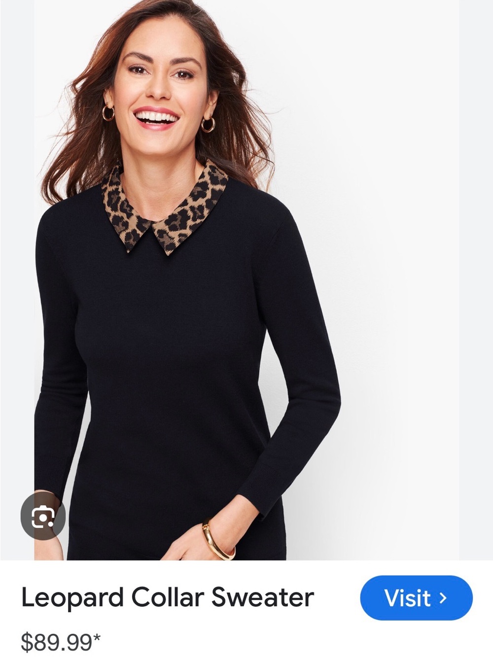 Women's Black Crewneck Sweater with Leopard-Print Collar